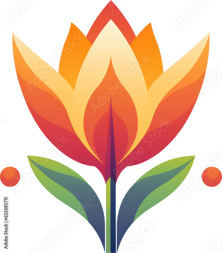 Vibrant clip art illustration of a tulip flower with red, orange, and yellow petals and green leaves against a transparent background, perfect for creative projects. Generative AI.