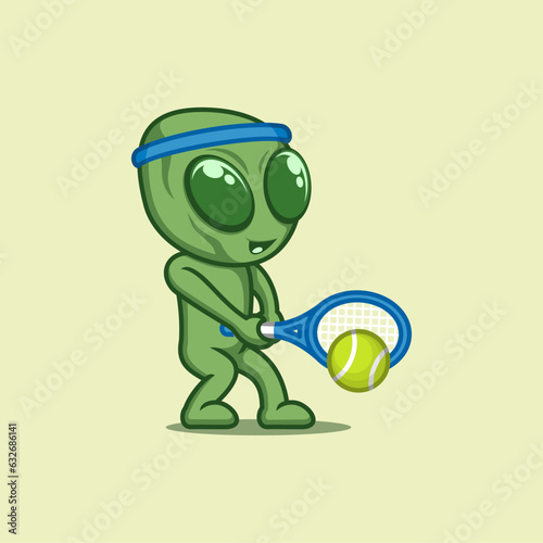 cute cartoon alien playing tennis