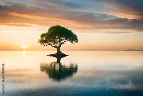 A Majestic and Lone Tree Standing in Water - AI Generative
