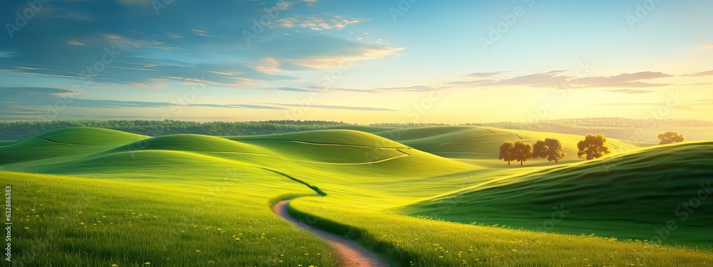 Picturesque winding path through a green grass field in hilly area in morning at dawn against blue sky with clouds. Natural panoramic spring summer landscape - obrazy, fototapety, plakaty 