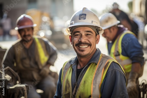 Mexican construction workers working on a construction site in Los Angeles © Baba Images