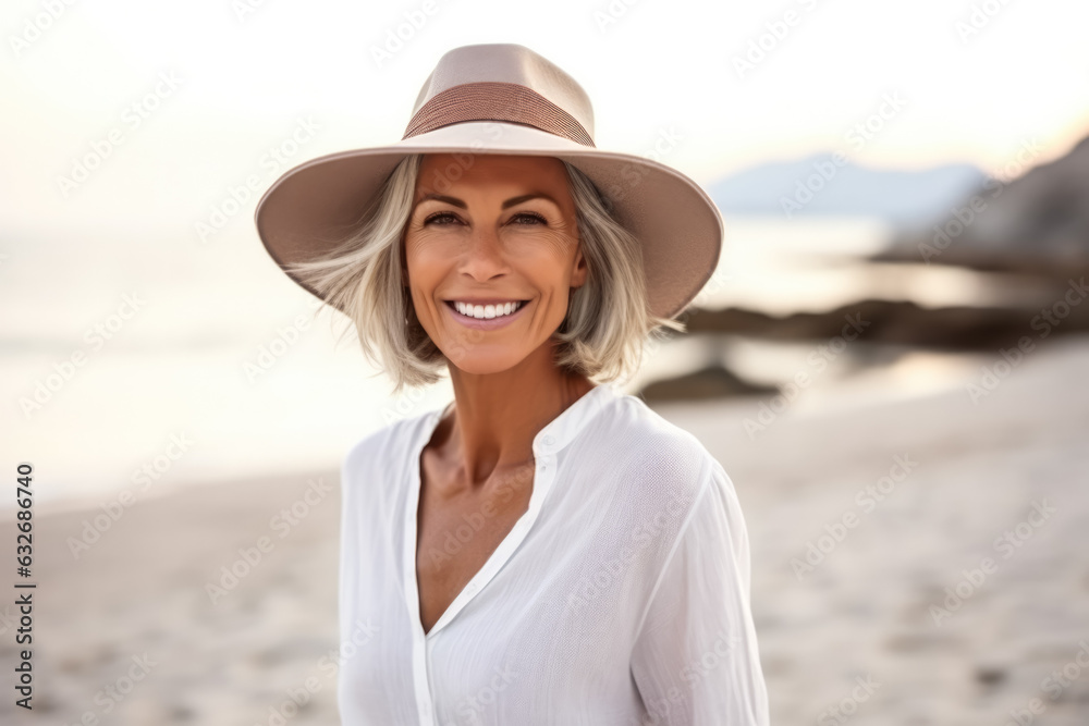 happy mature woman at the beach  photo with empty space for text 