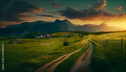 Beautiful summer mountain rural landscape; Panorama of summer green field with dirt road and Sunset cloudy sky, Ai generated image