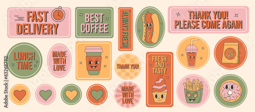 Retro groovy cartoon fast food sticker set. Labels, tags and slogans for restaraunt, cafe and delivery.