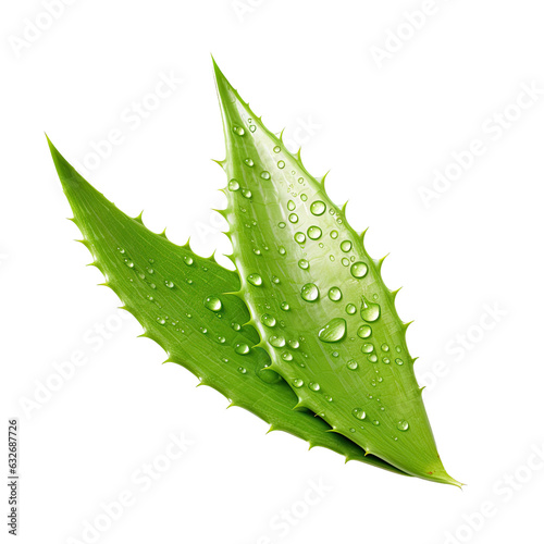 An isolated aloe vera leaf cutting with latex and water droplets.