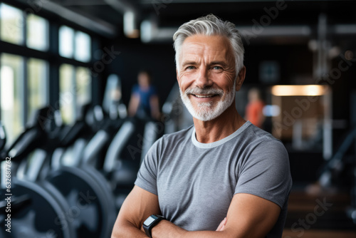 mature senior at gym photo with empty space for text 
