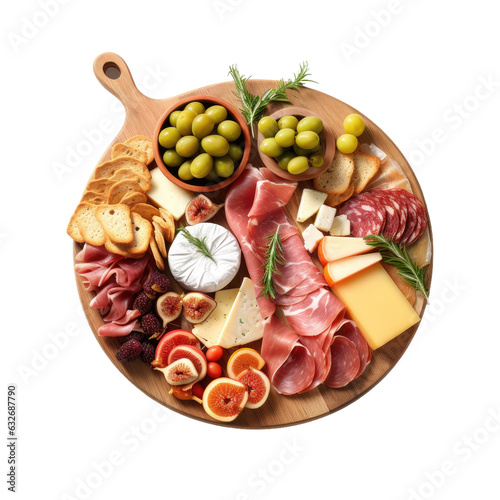 Fotografija Assorted appetizers, charcuterie, snacks, and cheese displayed on a wooden cutting board