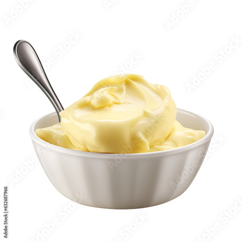 Butter curled on spoon, placed in white bowl.