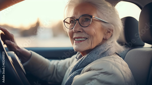 Portrait of happy senior woman driving car. Elderly woman in eyeglasses driving car. © Valua Vitaly
