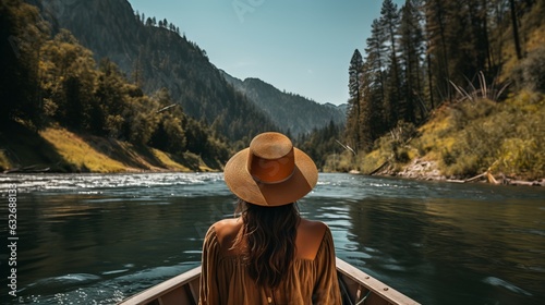 Back view of young blonde woman traveling a boat on beautiful mountain river among mountains. Girl traveler in a hat on a boat on the background of mountains on an azure mountain river. Travel concept © Valua Vitaly