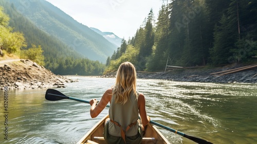Young woman paddling a canoe on the emerald lake in the mountains. Back view of young woman traveling a boat on beautiful lake among mountains. Young woman paddling on a kayak on the mountain river. © Valua Vitaly