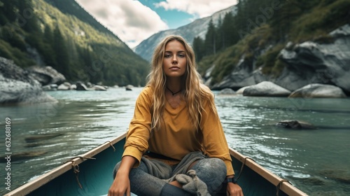 Girl traveler in a hat on a boat on the background of mountains on an azure mountain river. Pretty woman traveling a boat on beautiful mountain river among mountains. Woman sits on a boat on the lake
