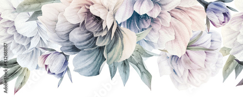 Seamless floral border, can be used as invitation card for wedding, birthday and other holiday and summer background, Border png, Botanical art, Watercolor flowers