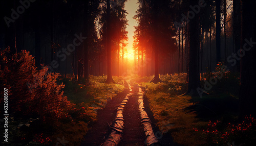 Beautiful sunset in the forest with a path leading to the sun  Ai generated image