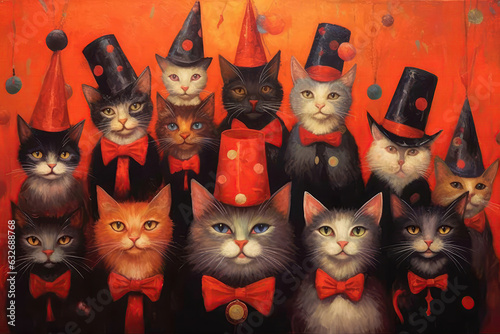 Lots Of Cats In Clown Hats On Red Background. Generative AI photo