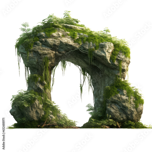 Forest rock arch isolated on white with moss covered cave entrance. photo