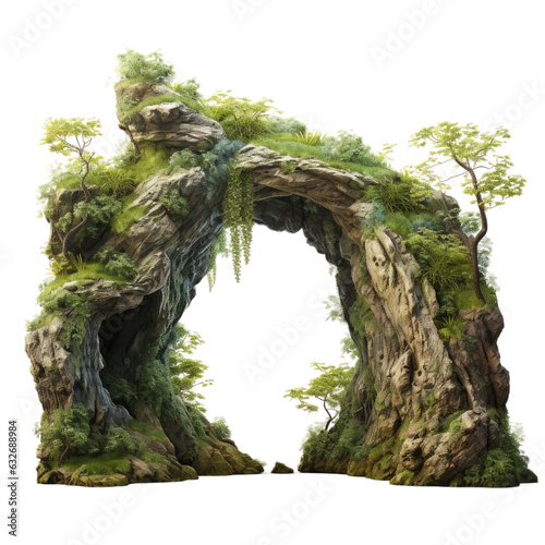 Forest rock arch isolated on white with moss covered cave entrance. photo