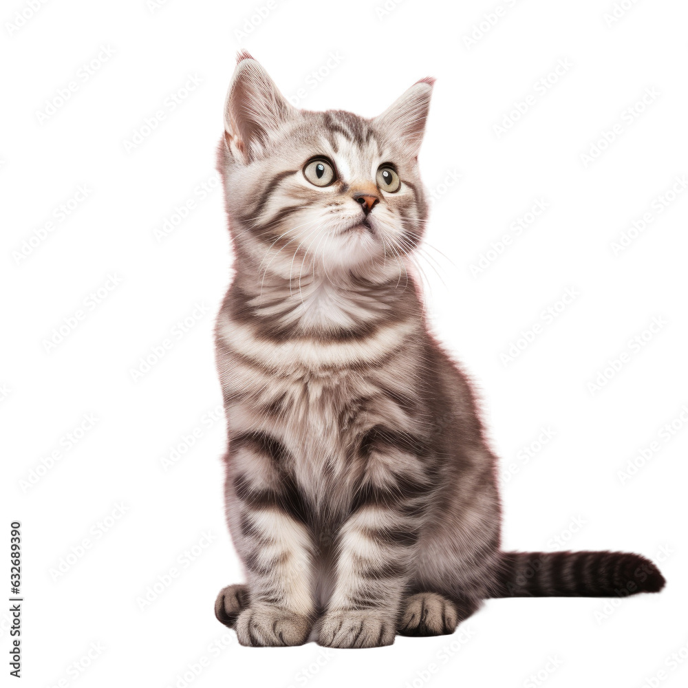 Grey striped kitten posing in studio, eagerly awaiting food.