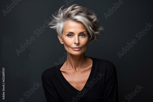 senior woman in style of hairdresser portrait  photo with empty space for text 