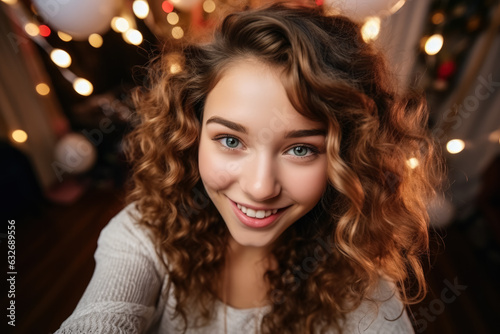 Teenage American girl taking a selfie at a party photo with empty space for text 