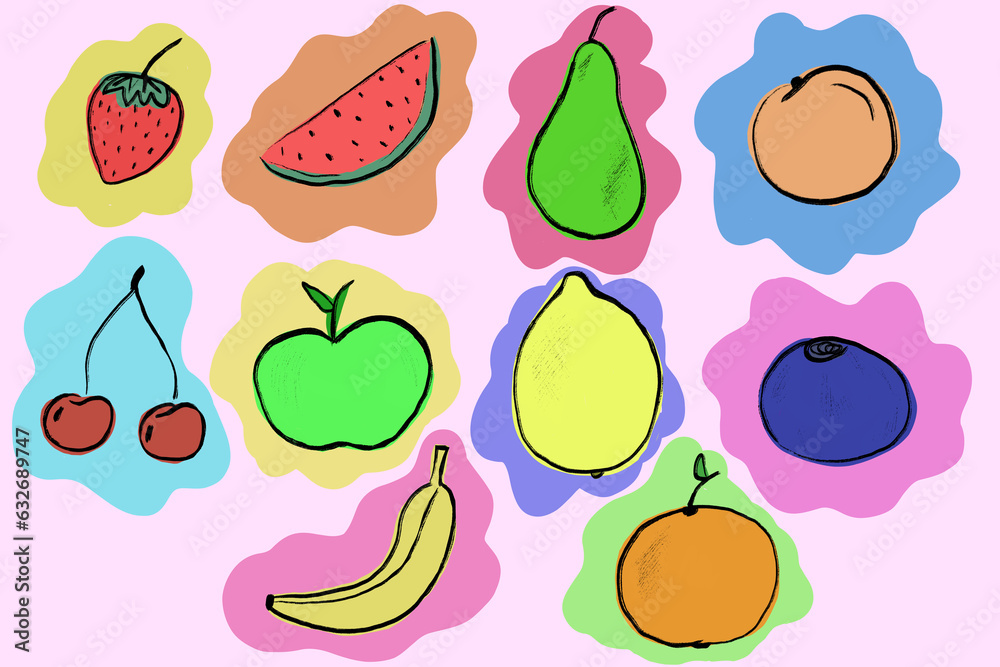A set of hand drawn fruits isolated on background. Unique style, good for projects. A set of hand drawn fruits isolated on background. Unique style, good for projects.