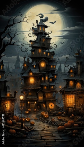 A halloween scene with a creepy house and pumpkins. AI.