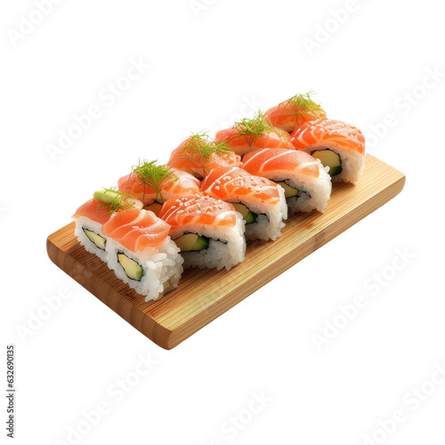 Maki Sushi on white bamboo board, isolated with clipping path.