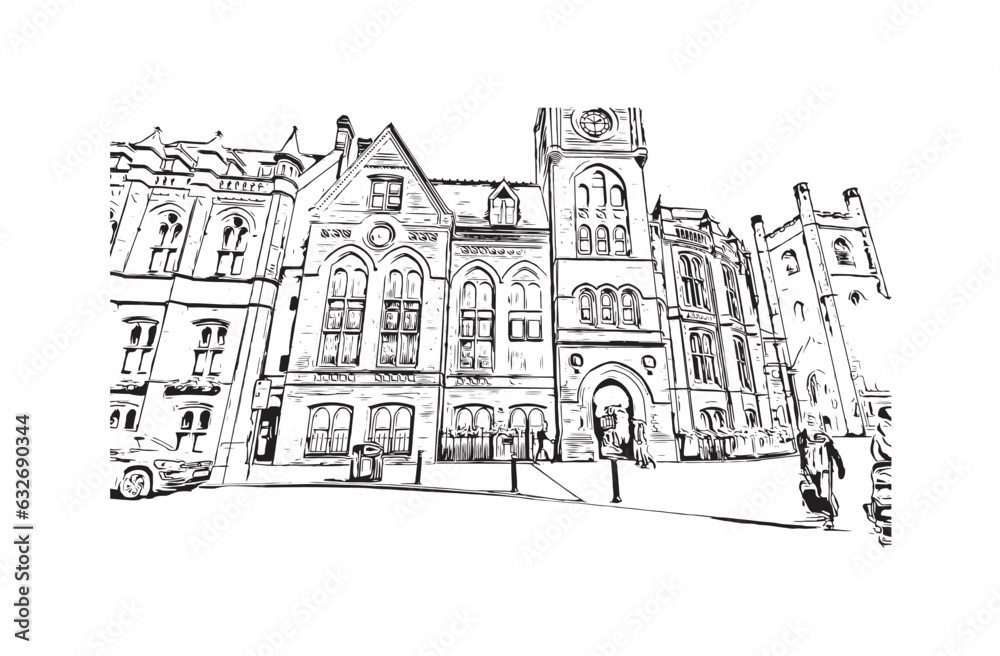 Building view with landmark of Reading is the 
town in England. Hand drawn sketch illustration in vector.