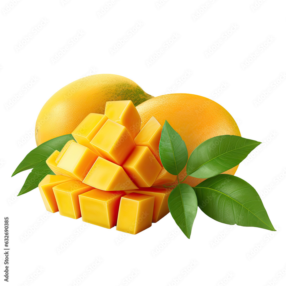 Organic mango with cubes and leaves. Organic mango with cubes and leaves.
