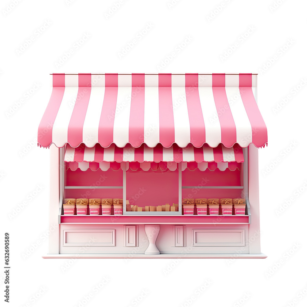 Pink striped awning isolated on pink pastel background, minimal 3D rendering of a sweet shop stand.