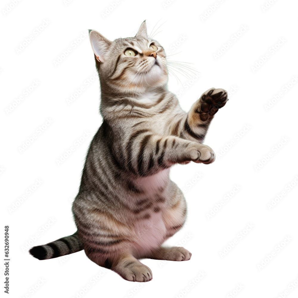 Studio portrait of a tabby cat on hind legs Studio portrait of a tabby cat on hind legs