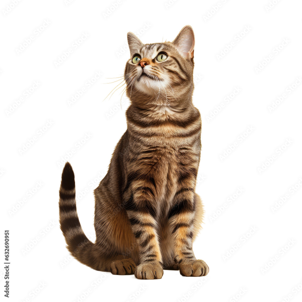 Studio portrait of a tabby cat on hind legs