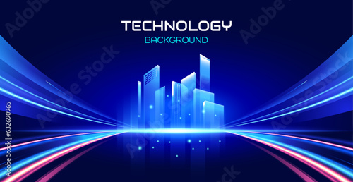 Vector bright smart city with technology background