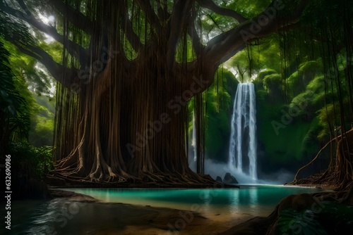 A big majestic banyan tree in a lush jungle with a beautiful cascading waterfall - AI Generative © Being Imaginative