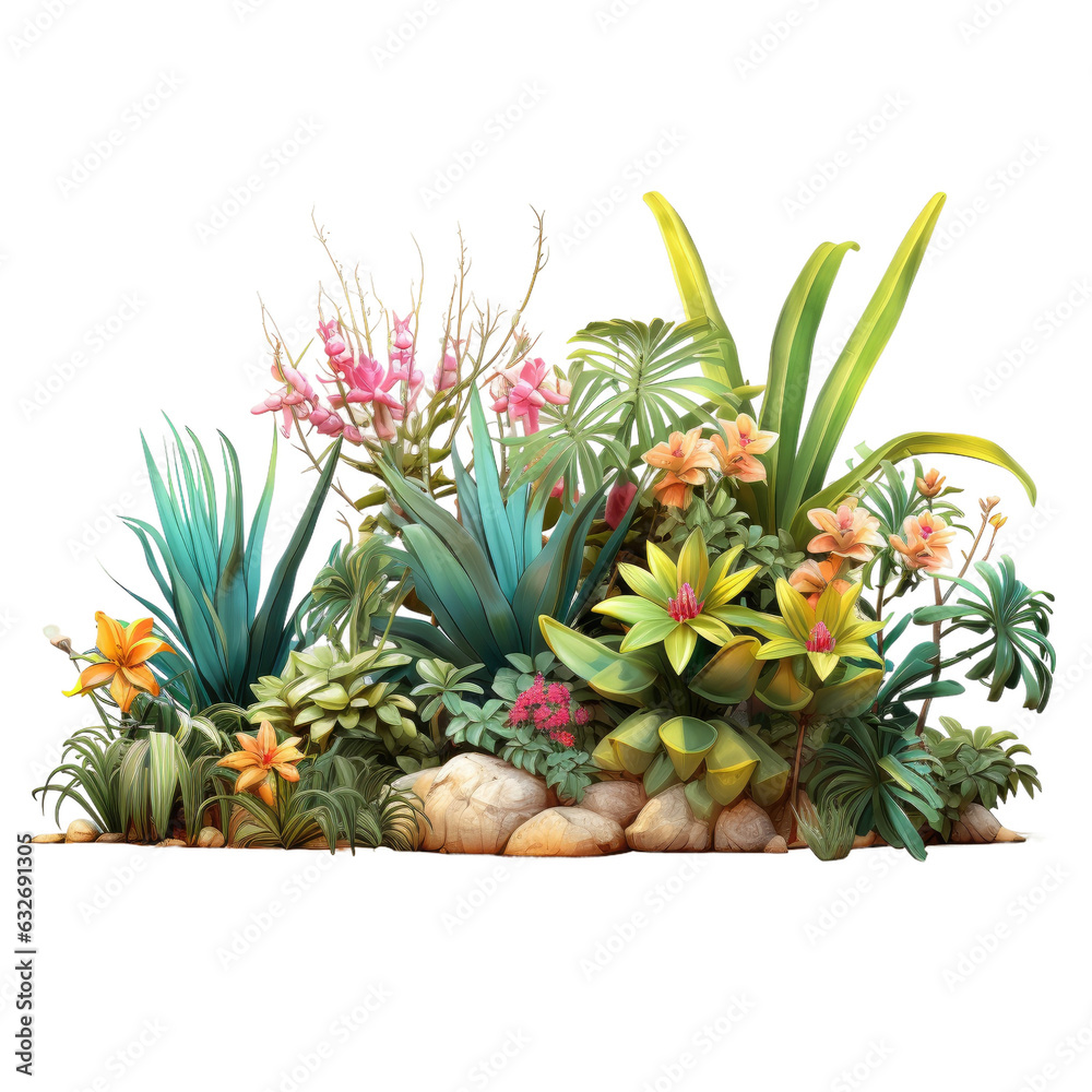 Tropical garden with assorted shrubs and plants. Tropical garden with assorted shrubs and plants.