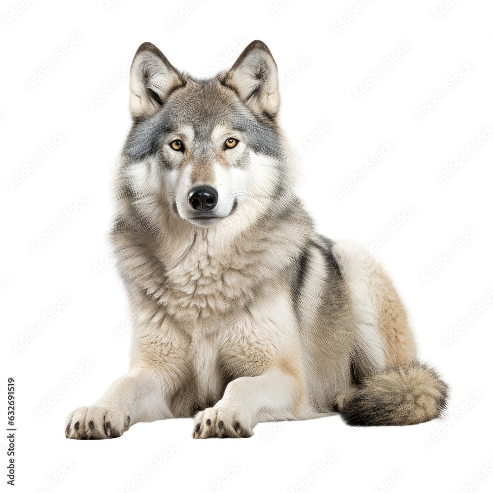 white background creates isolation for gray wolf.
