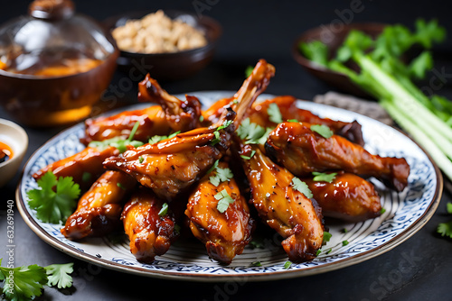 baked chicken wings in the asian style and tomatoes sauce on plate © KushbulaDesignMax