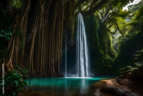 A big majestic banyan tree in a lush jungle with a beautiful cascading waterfall - AI Generative
