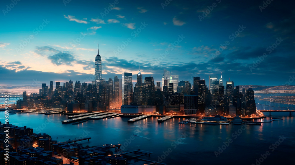 New York City Manhattan skyline panorama over Hudson River at sunset.AI Generated New York City Manhattan skyline panorama over Hudson River at sunset.AI Generated