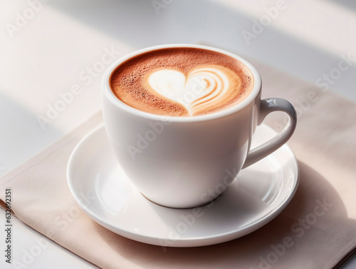 Cup of coffee with heart shape latte art on white background.AI Generated