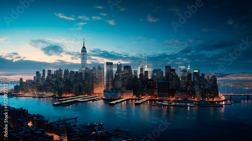 New York City Manhattan skyline panorama over Hudson River at sunset.AI Generated
