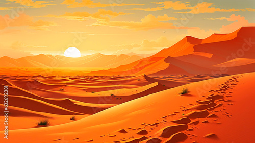 Desert sand dunes landscape at sunset, 3d render illustration.AI Generated