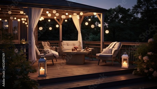 comfortable set up with lanterns deck and table outdoors in evening in gazebo Generative AI
