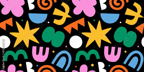 Abstract organic shape seamless pattern with colorful geometric doodles. Flat cartoon background, simple random shapes in bright childish colors. 