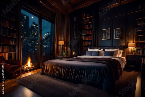 a cozy beautiful bedroom in a bright city at night, warm and cozy, luxury, fireplace, books, bed - AI Genereative
