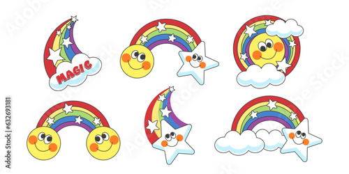 A set of funny emoticons with a multicolored rainbow. Sticker in a children's theme. Flat style. vector illustration.