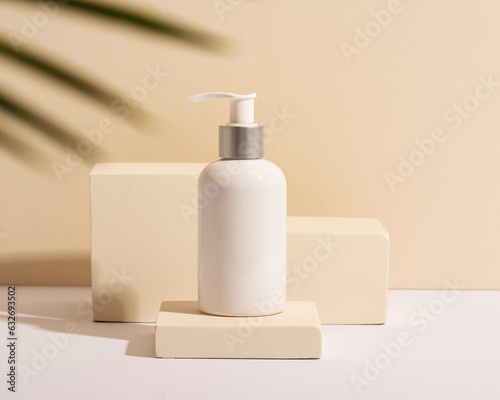 Wace wash blank white packaging against a beige background, podiums, skincare cosmetics photo