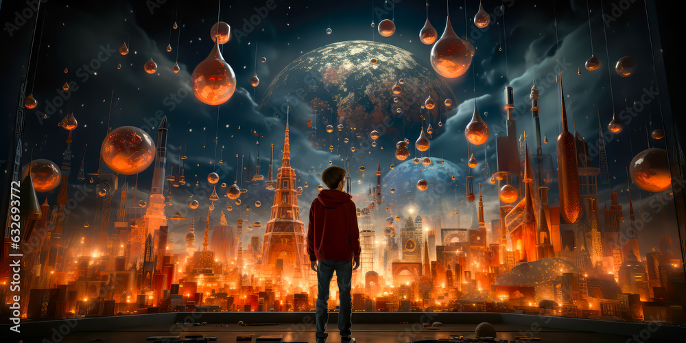 a person looking at a megacity of the future, with a giant orange moon in the background, fantasy, future. - obrazy, fototapety, plakaty 