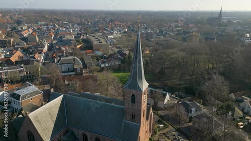 Aerial drone view of a church in the dutch village of Wassenaar photo