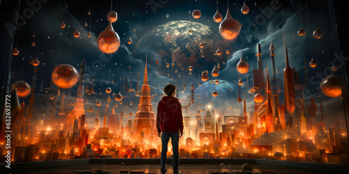 a person looking at a megacity of the future, with a giant orange moon in the background, fantasy, future.